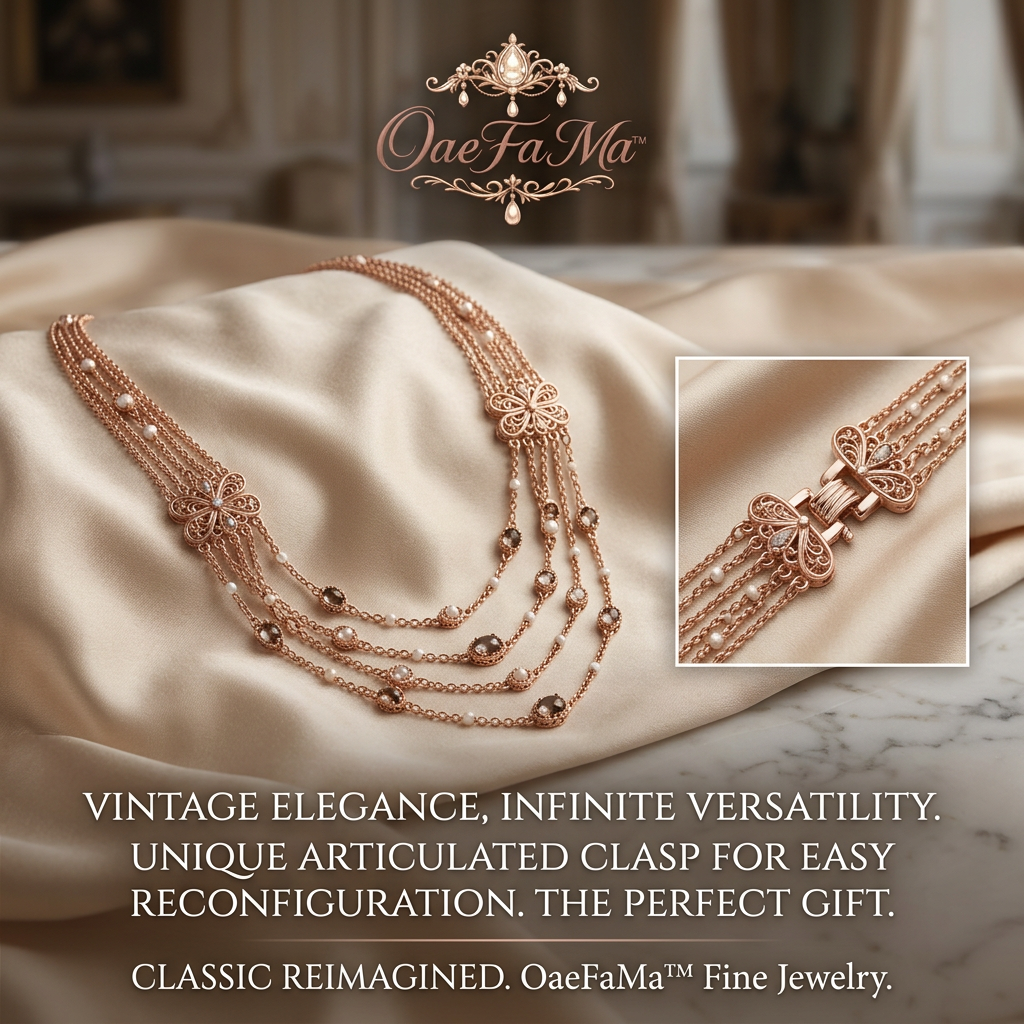 OaeFaMa™ Vintage Rose Gold Multi-Strand Necklace for Women | 4-Layer Pearl & Gemstone Statement Chain with Articulated Butterfly Clasp | Versatile Convertible Fine Jewelry, Elegant Gift for Her