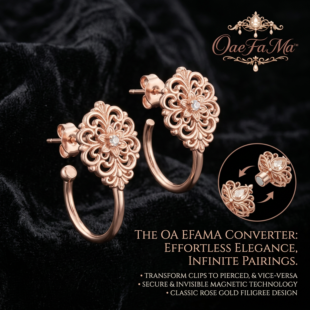 OaeFaMa™ 2-in-1 Convertible Magnetic Earrings | Rose Gold Filigree Hoop Earrings for Women, Clip-on to Pierced Converter, Vintage Interchangeable Earring Jackets, Elegant Jewelry Gift
