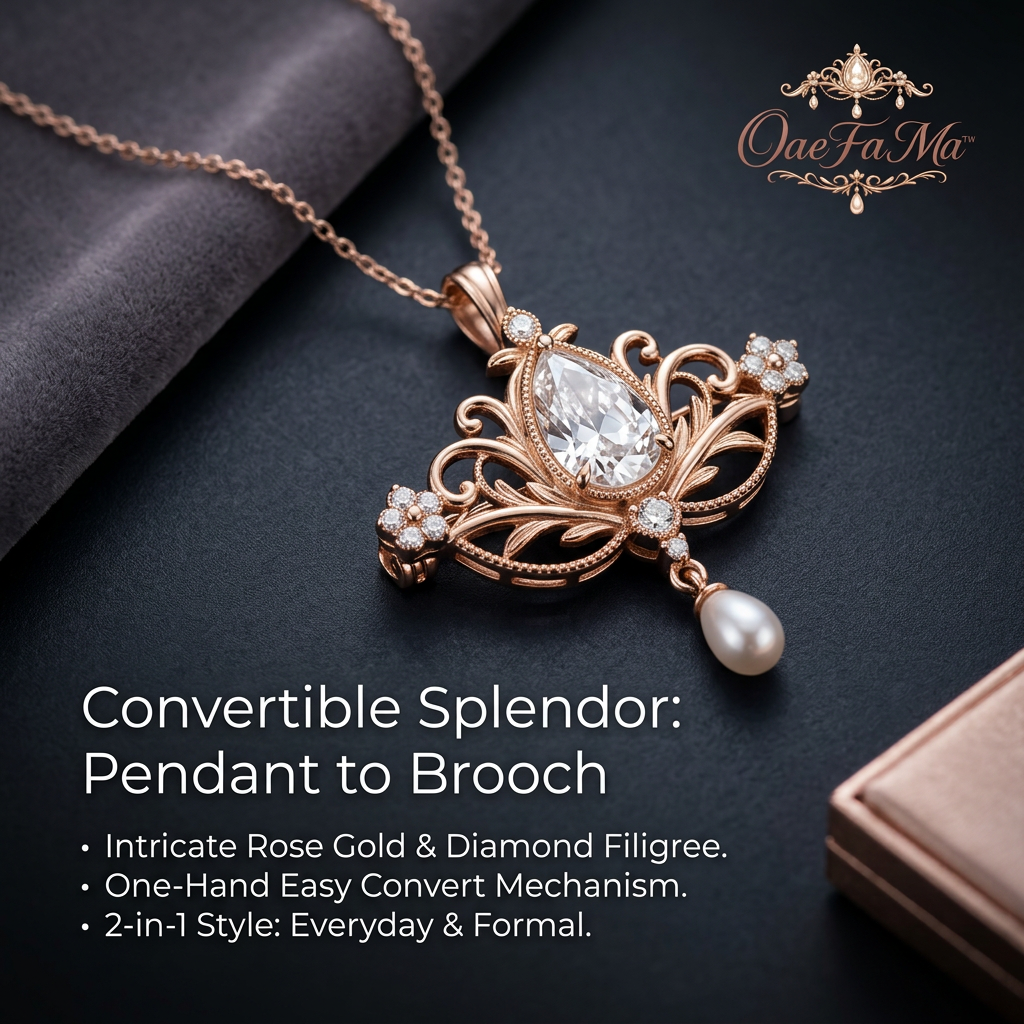 OaeFaMa™ 2-in-1 Convertible Pendant Brooch Necklace for Women - Intricate Rose Gold Filigree Crown Tiara Design, Sparkling Pear-Cut Simulated Diamond & Dangle Pearl, Vintage Brooch Pin Jewelry Gift