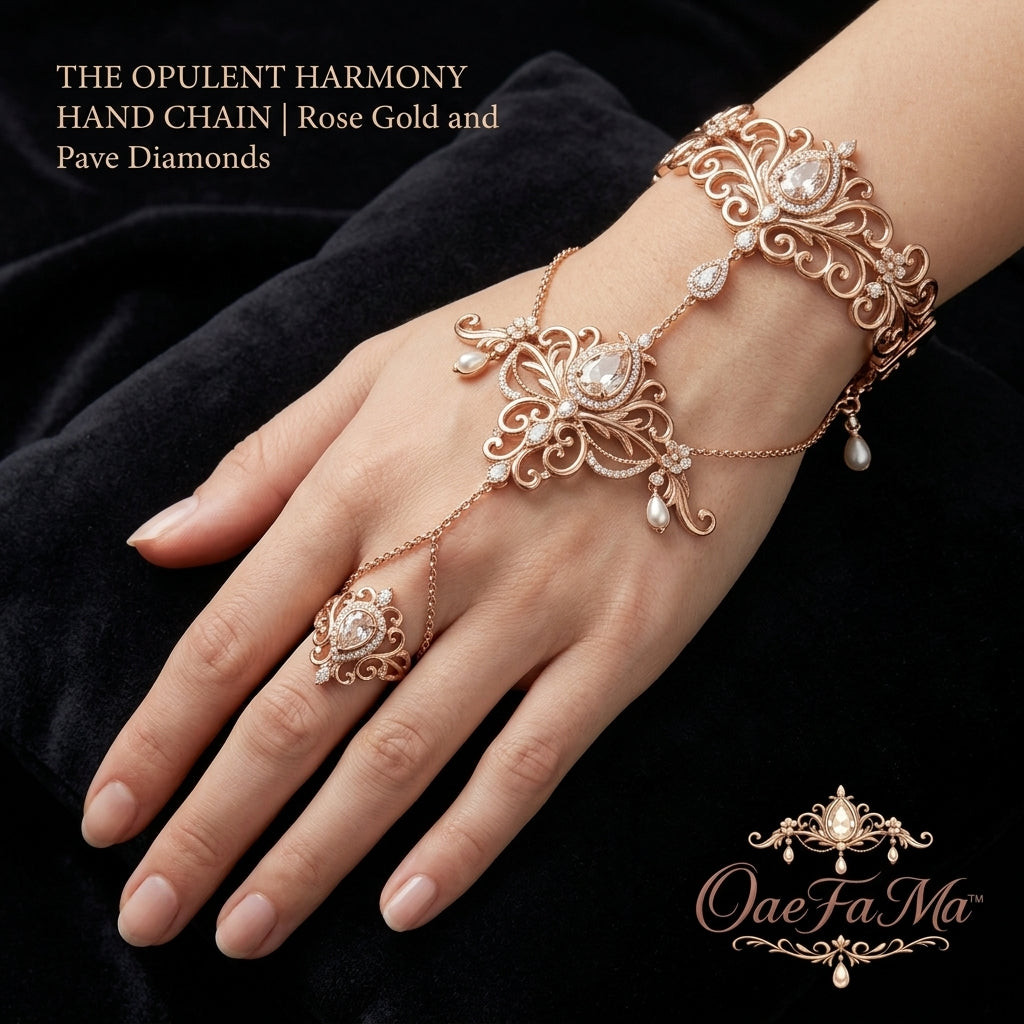 OaeFaMa™ Opulent Harmony Hand Chain | 18K Rose Gold Plated Filigree Hand Harness with Pave Diamonds & Pearl Drops | Vintage Victorian Finger Ring Bracelet for Brides, Weddings, and Statement Prom Wear