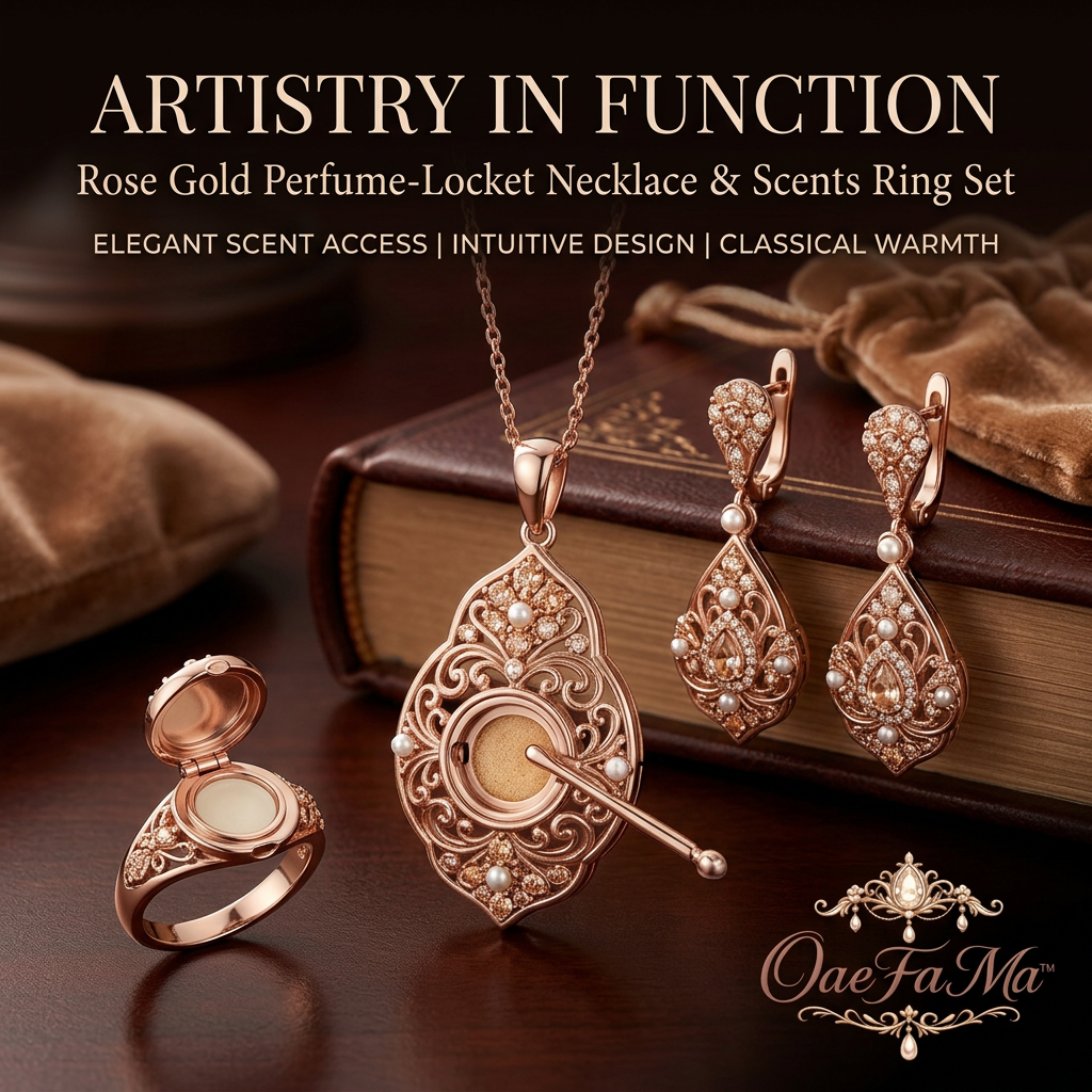 OaeFaMa™ Rose Gold Perfume Locket Necklace, Solid Scent Ring & Vintage Dangle Earrings Jewelry Set | Aromatherapy Diffuser Jewelry with Pearls & Crystals | Elegant Wearable Fragrance Gift for Women