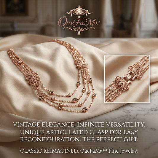 OaeFaMa™ Vintage Rose Gold Multi-Strand Necklace for Women | 4-Layer Pearl & Gemstone Statement Chain with Articulated Butterfly Clasp | Versatile Convertible Fine Jewelry, Elegant Gift for Her