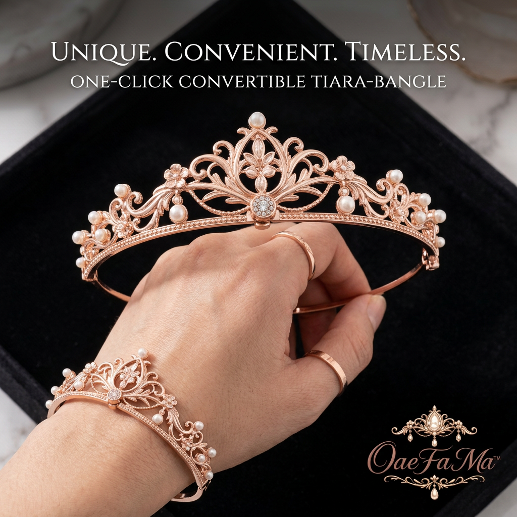 OaeFaMa™ 2-in-1 Convertible Tiara Bangle | Rose Gold Pearl Princess Crown & Wrist Bracelet | Elegant Bridal Headpiece & Statement Jewelry Gift for Women
