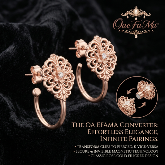 OaeFaMa™ 2-in-1 Convertible Magnetic Earrings | Rose Gold Filigree Hoop Earrings for Women, Clip-on to Pierced Converter, Vintage Interchangeable Earring Jackets, Elegant Jewelry Gift