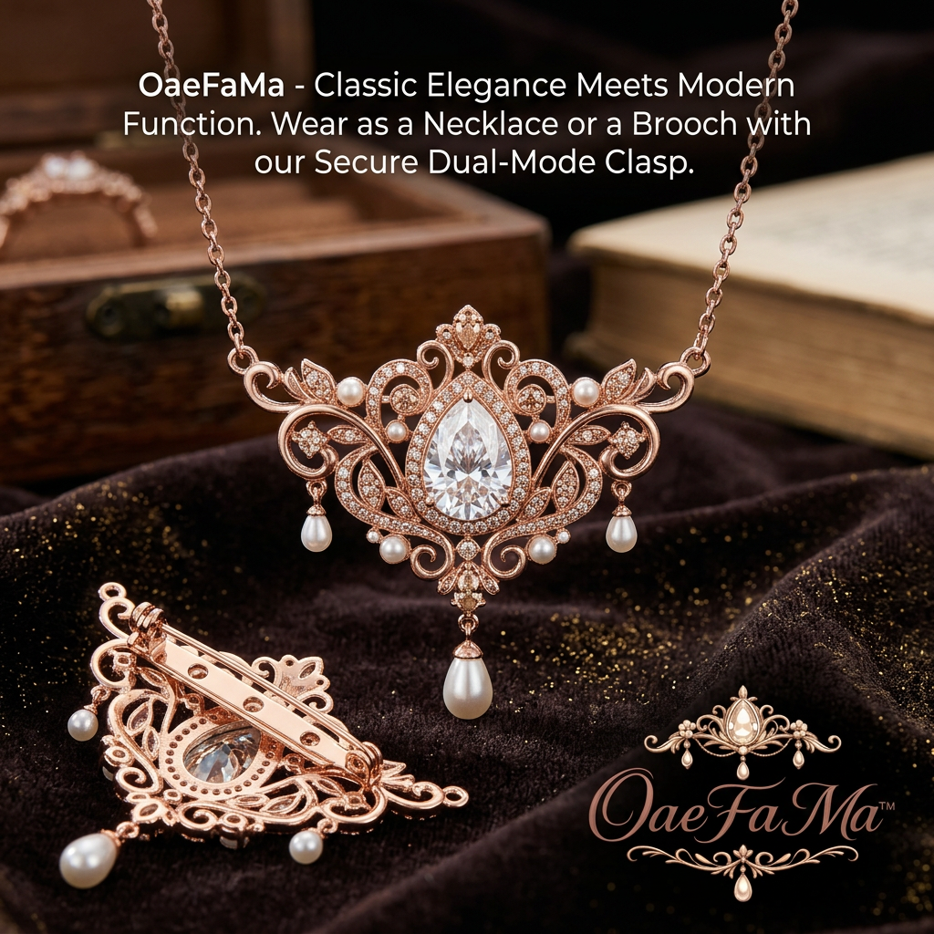 OaeFaMa™ 2-in-1 Convertible Brooch Necklace for Women - Vintage Rose Gold Pear-Cut Cubic Zirconia Pendant with Teardrop Pearl Accents - Victorian Style Filigree Brooch Pin Jewelry Gift