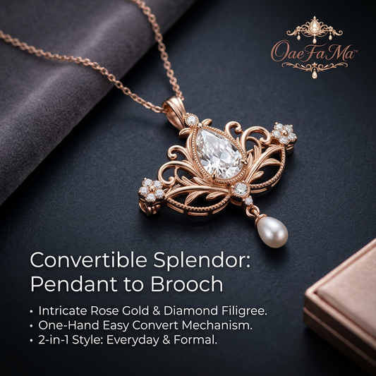 OaeFaMa™ 2-in-1 Convertible Pendant Brooch Necklace for Women - Intricate Rose Gold Filigree Crown Tiara Design, Sparkling Pear-Cut Simulated Diamond & Dangle Pearl, Vintage Brooch Pin Jewelry Gift