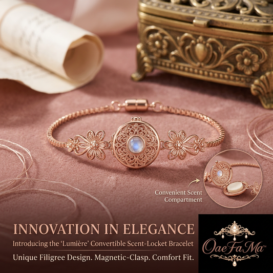 OaeFaMa™ 'Lumière' Convertible Scent-Locket Bracelet | Rose Gold Aromatherapy Essential Oil Diffuser Jewelry with Magnetic Clasp, Filigree Flower Accents & Moonstone Centerpiece | Elegant Gift for Her
